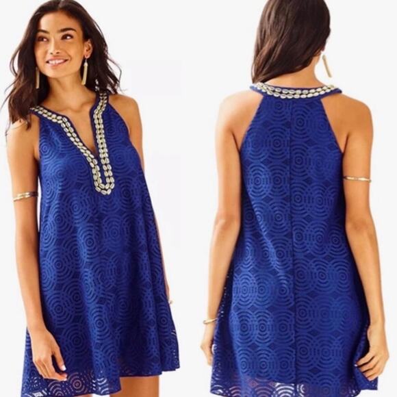 Lilly Pulitzer Achelle Dress In True Blue Mystical Knotty Lace Brass Sea Shells - Picture 1 of 9